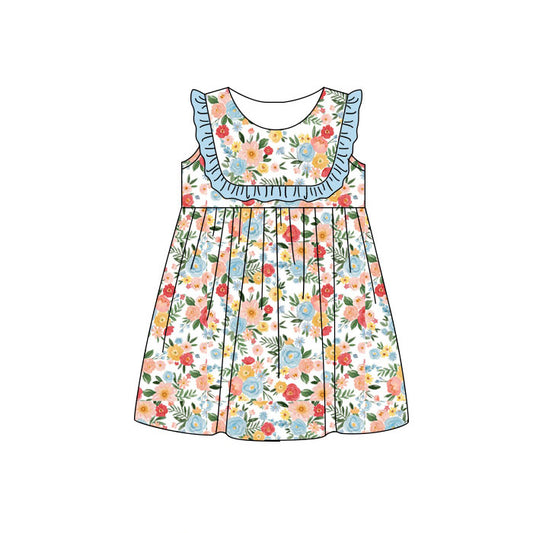 MOQ 5 PCS Preorder GSD3857 Flower Leaf Blue Ruffle Sleeveless Dresses for Girls 202603