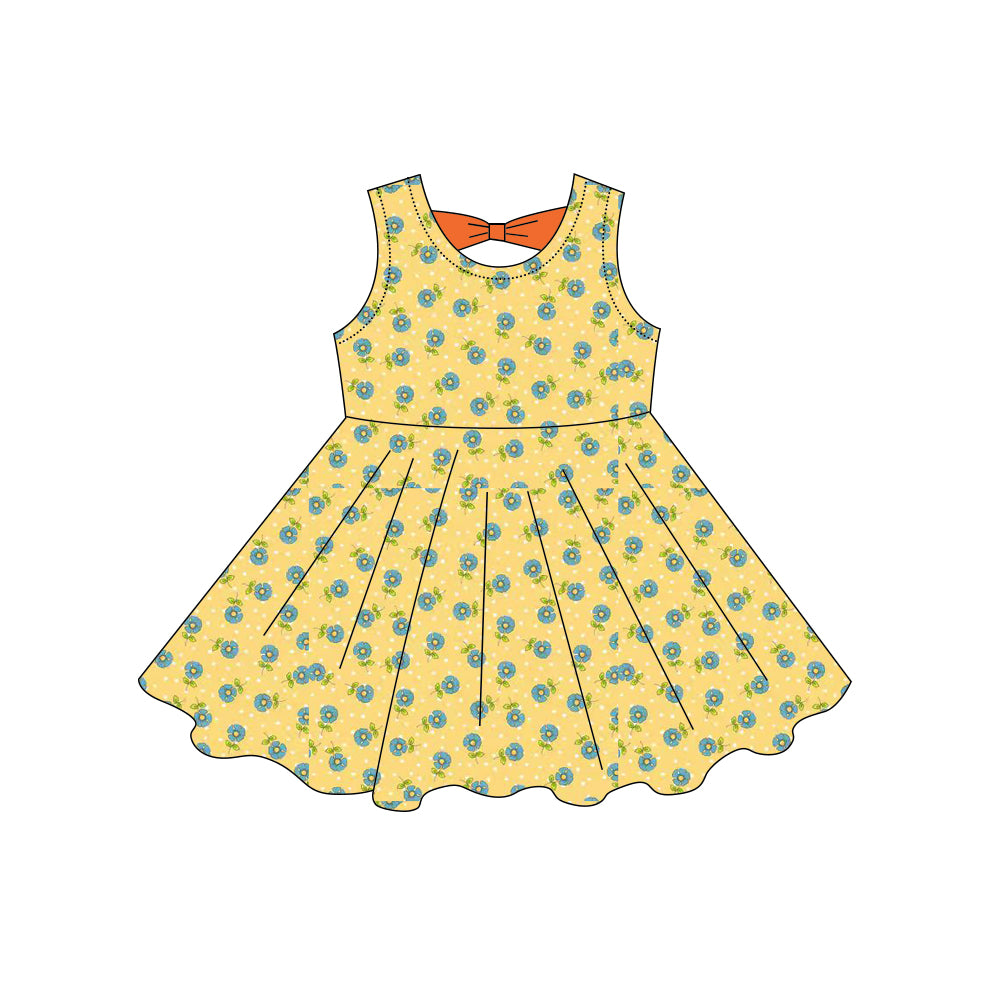 MOQ 5 PCS Preorder GSD3859 Blue Flower Dots Bow Orange Sleeveless Dresses for Girls 202603