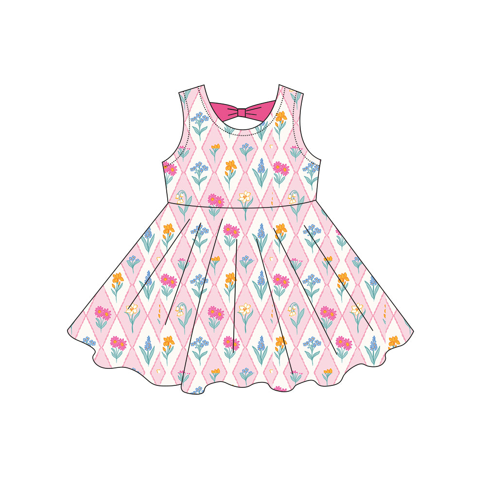MOQ 5 PCS Preorder GSD3861 Flower Plaid Rose Red Bow Pink Sleeveless Dresses for Girls 202603