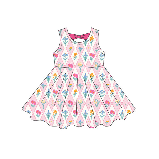 MOQ 5 PCS Preorder GSD3861 Flower Plaid Rose Red Bow Pink Sleeveless Dresses for Girls 202603