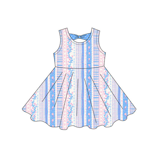 MOQ 5 PCS Preorder GSD3862 Flower Stripe Dots Bow Pink Blue Sleeveless Dresses for Girls 202603