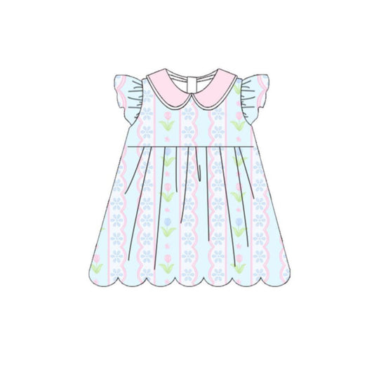 MOQ 30 PCS Preorder GSD3867 Flower Wave Stripe Doll Collar Pink Blue Fly Sleeve Dresses for Girls 202603
