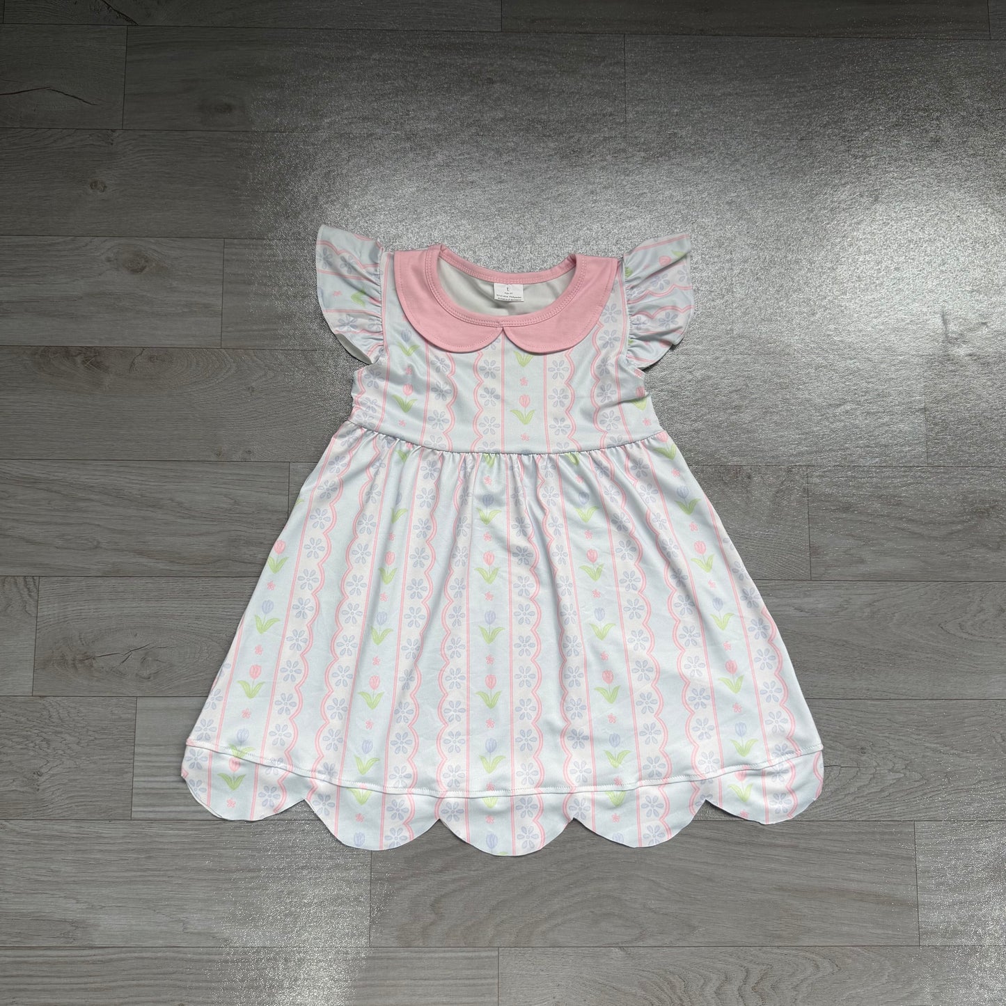 NO MOQ Preorder GSD3867 Flower Wave Stripe Doll Collar Pink Blue Fly Sleeve Dresses for Girls 202607