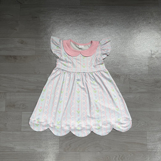 NO MOQ Preorder GSD3867 Flower Wave Stripe Doll Collar Pink Blue Fly Sleeve Dresses for Girls 202607