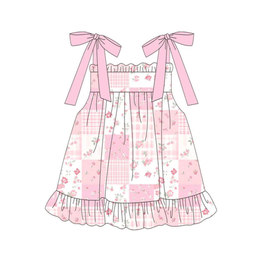 MOQ 5 PCS Preorder GSD3868 Floral Plaid Ruffle Pink Halter Dresses for Girls 202603
