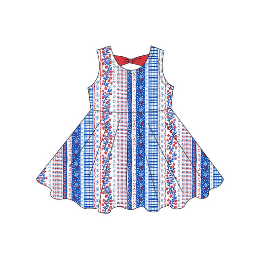 MOQ 5 PCS Preorder GSD3872 4th of July Flower Plaid Red Blue Sleeveless Dresses for Girls 202603