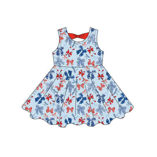 MOQ 5 PCS Preorder GSD3873 4th of July Red Blue Bows Sleeveless Dresses for Girls 202603