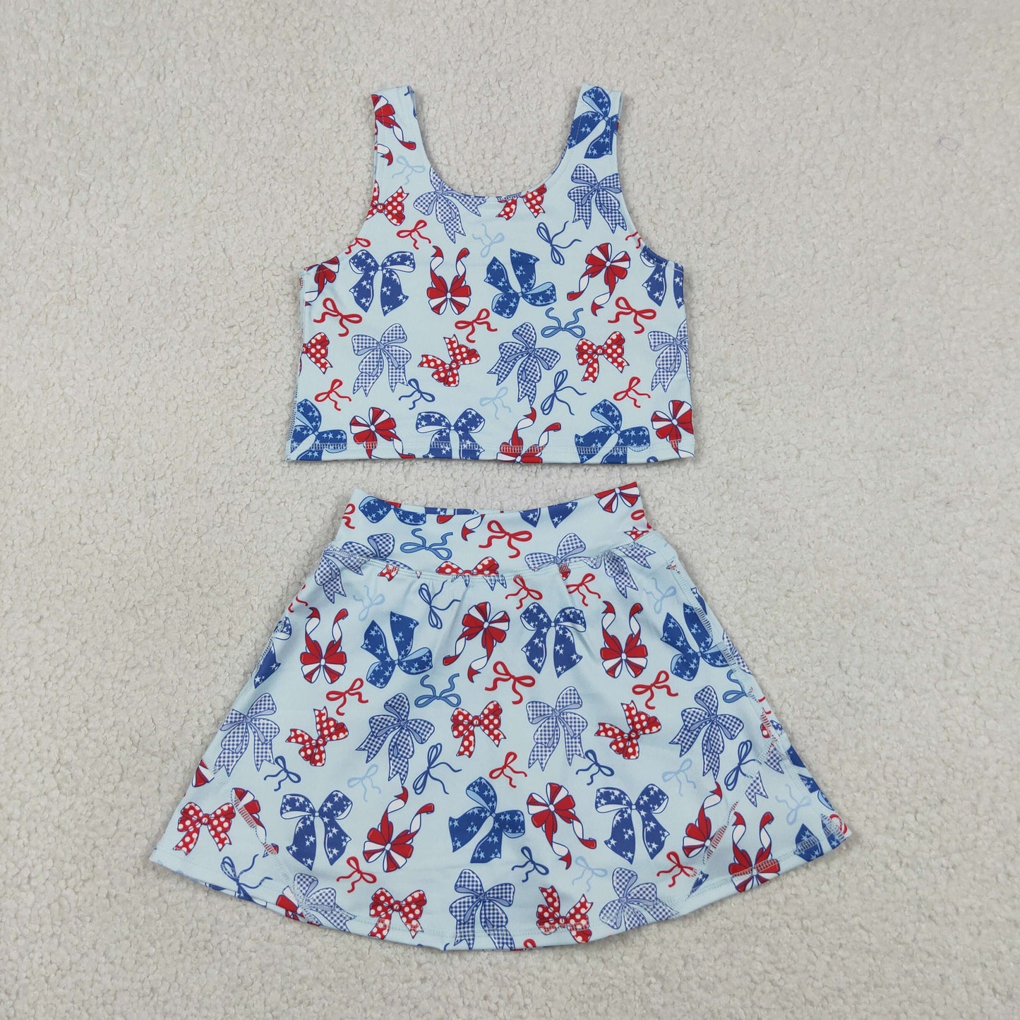 GSD3874 4th of July Red Blue Bows Sleeveless Top with Skirts for Girls Yoga Sets 202605 RTS
