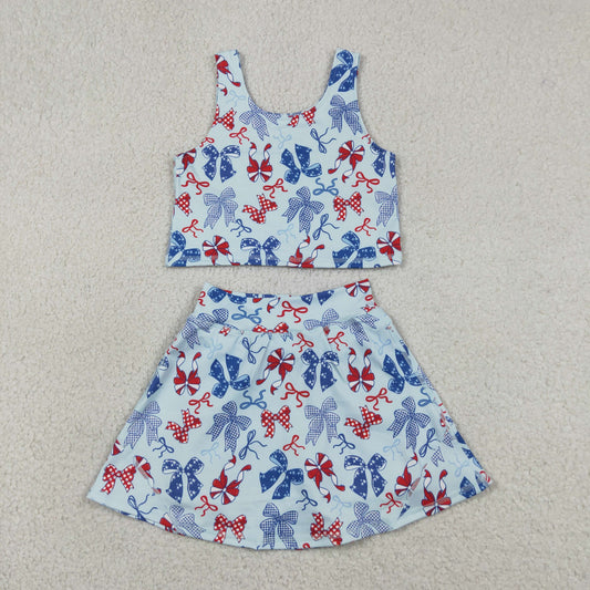 GSD3874 4th of July Red Blue Bows Sleeveless Top with Skirts for Girls Yoga Sets 202605 RTS
