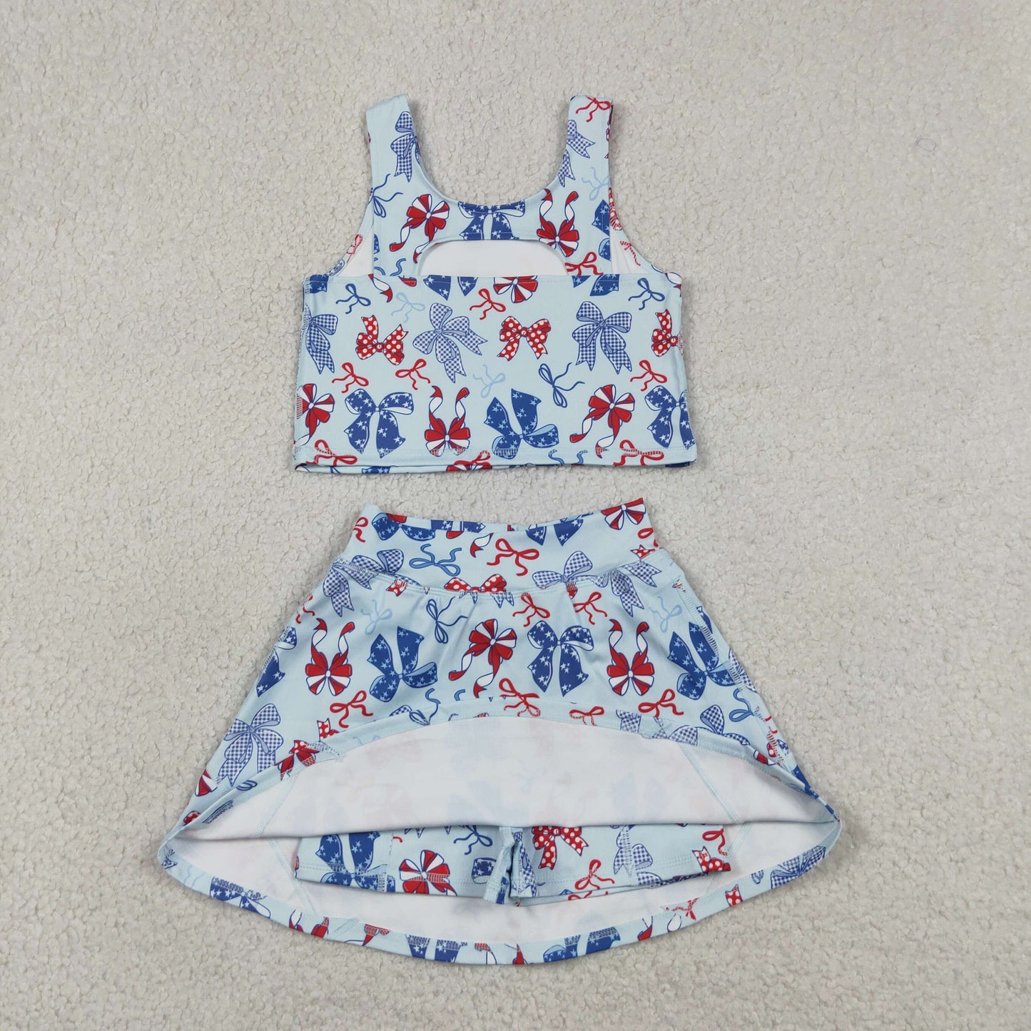 GSD3874 4th of July Red Blue Bows Sleeveless Top with Skirts for Girls Yoga Sets 202605 RTS