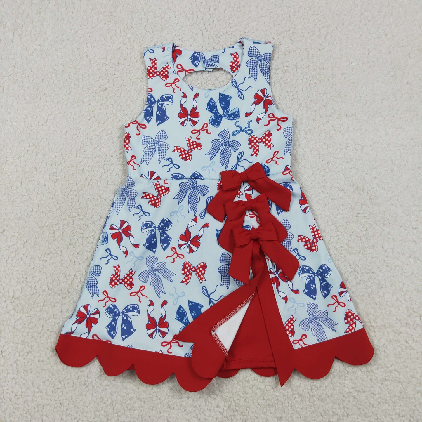 GSD3875 4th of July Red Blue Bows Red Wave Ruffle Yellow Sleeveless Yoga Dresses for Girls 202605 RTS