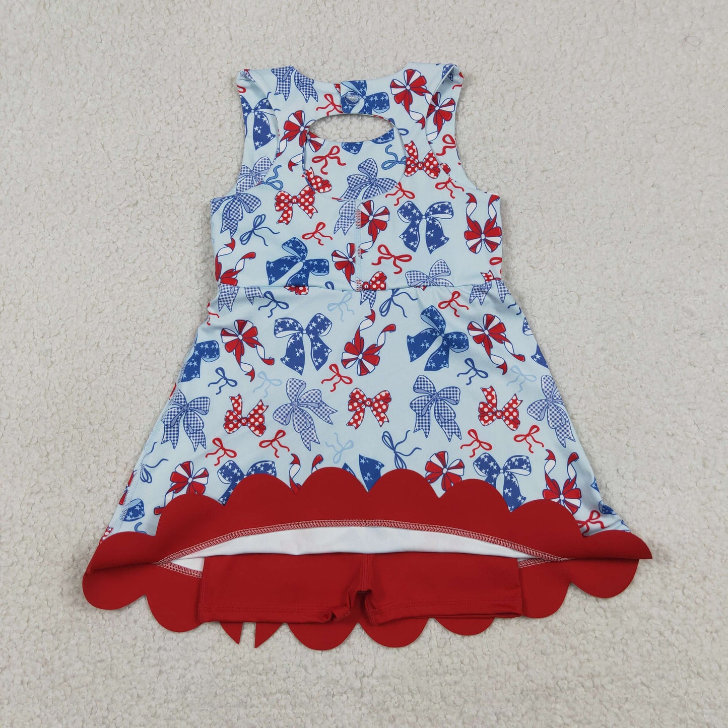 GSD3875 4th of July Red Blue Bows Red Wave Ruffle Yellow Sleeveless Yoga Dresses for Girls 202605 RTS