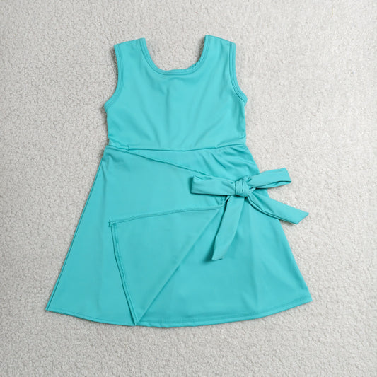 GSD3876 Solid Blue Green Bows Sleeveless Yoga Dresses for Girls 202606 RTS