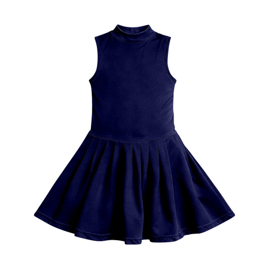 MOQ 30 PCS Preorder GSD3890 Solid Navy Sleeveless Yoga Pleated Dresses for Girls 202603