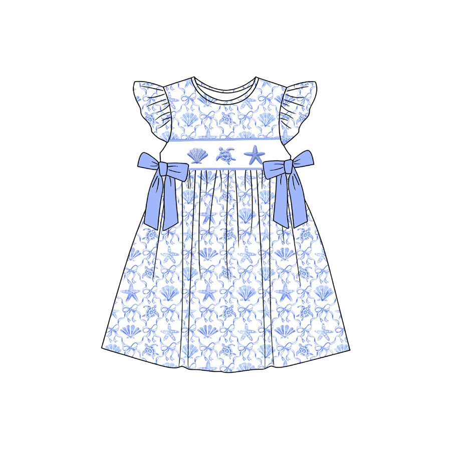 MOQ 5 PCS Preorder GSD3893  Seashells Turtles Starfish Blue Bows Fly Sleeve Dresses for Girls 202603