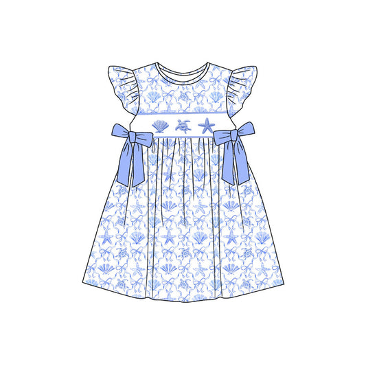 MOQ 5 PCS Preorder GSD3893  Seashells Turtles Starfish Blue Bows Fly Sleeve Dresses for Girls 202603