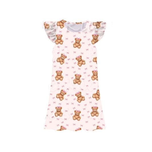 MOQ 5 PCS Preorder GSD3899 Bear Bows Pink Fly Sleeve Dresses for Girls 202603