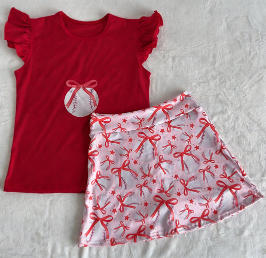 MOQ 5 PCS Preorder GSD3904 Baseball Bows Star Red Fly Sleeve with Skirts for Girls Sets 202603