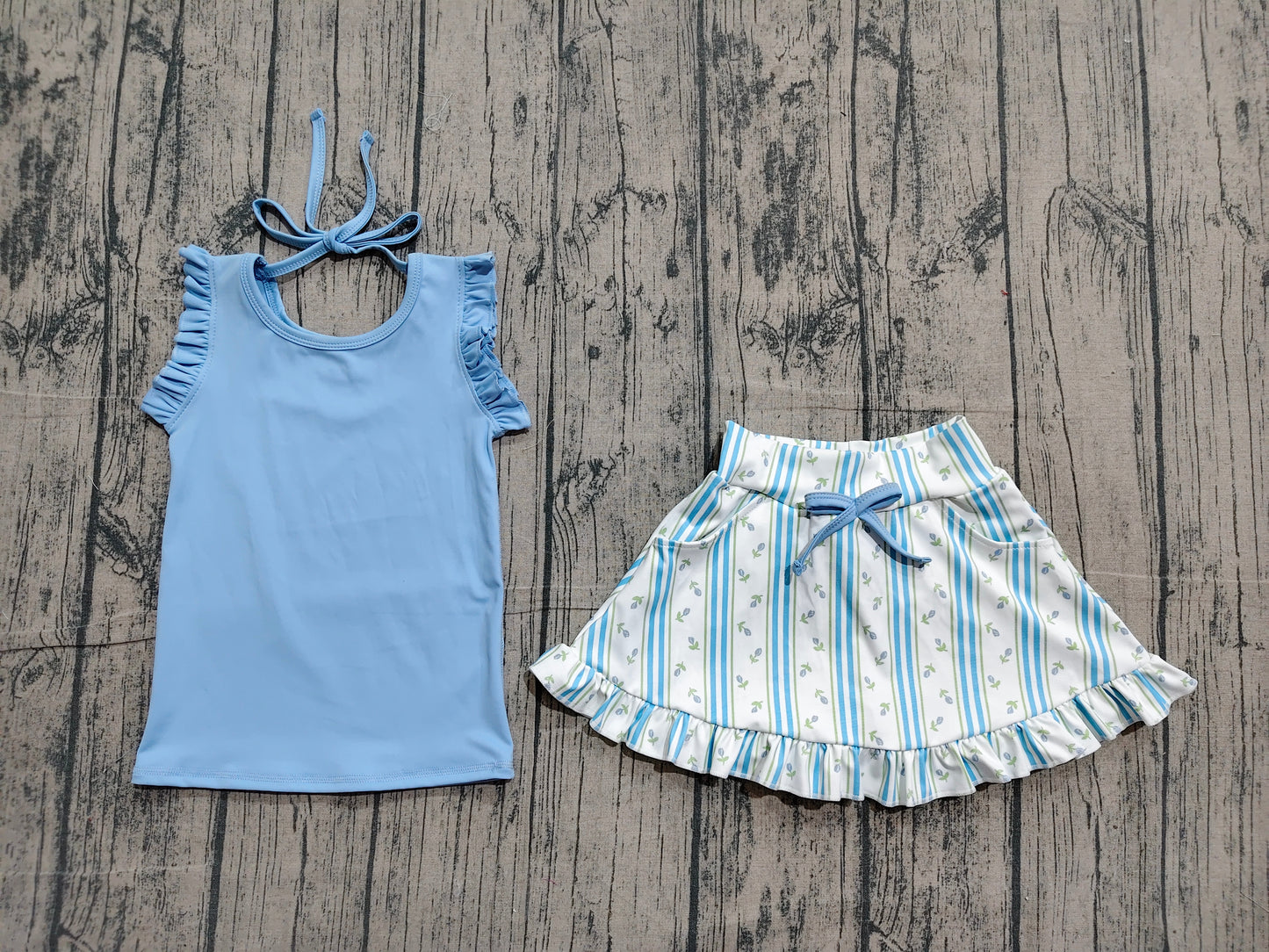 NO MOQ preorder GSD3906 Solid Blue Wavy Ruffle Sleeveless Top with Floral Stripe Skirts for Girls Yoga Sets 202604