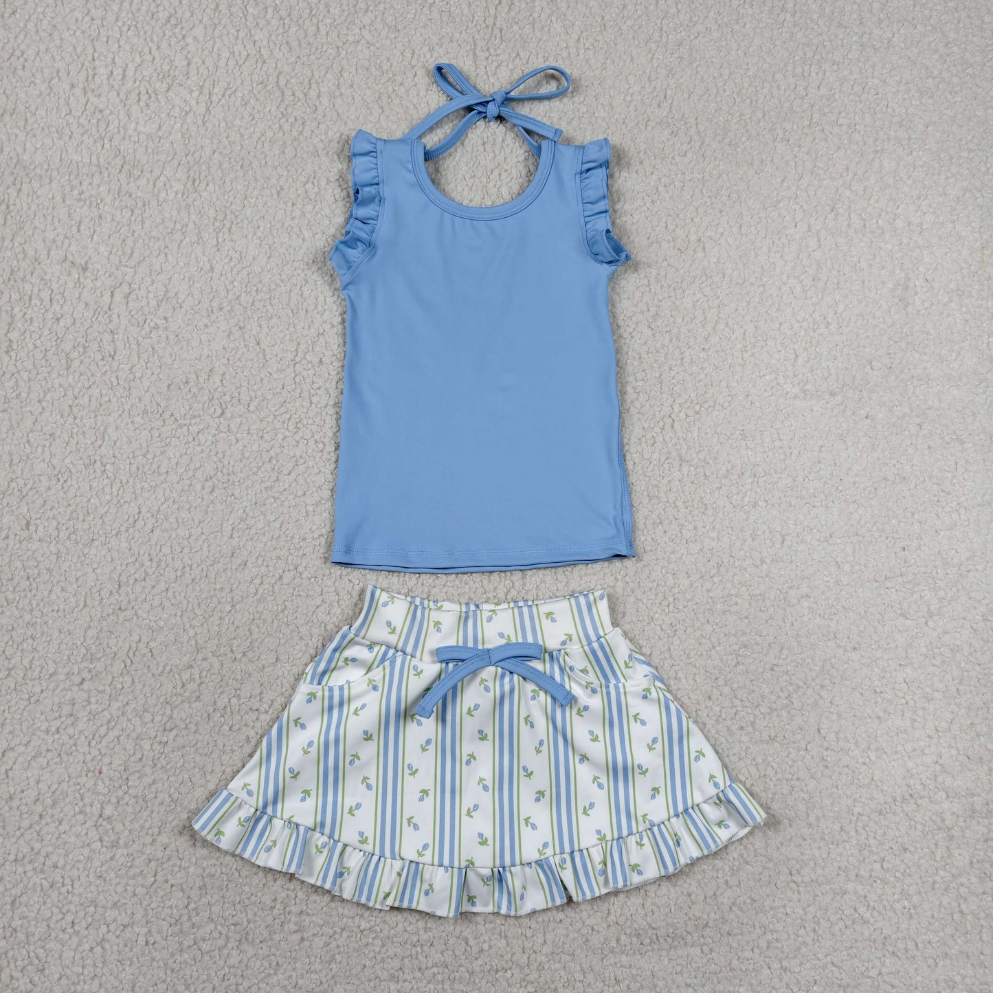 GSD3906 Solid Blue Wavy Ruffle Sleeveless Top with Floral Stripe Skirts for Girls Yoga Sets 202606 RTS