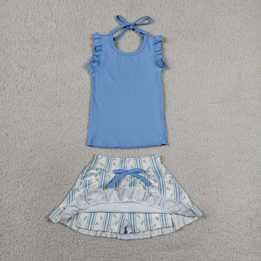 GSD3906 Solid Blue Wavy Ruffle Sleeveless Top with Floral Stripe Skirts for Girls Yoga Sets 202606 RTS