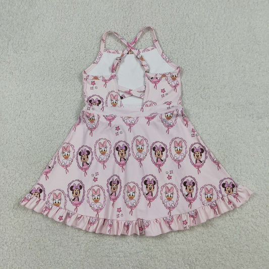 GSD3915 Cartoon Minnie Daisy Pink Ruffle Halter Yoga Dresses for Girls 202603 RTS