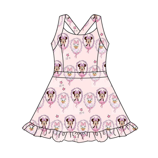 MOQ 5 PCS Preorder GSD3915 Cartoon Minnie Daisy Pink Ruffle Halter Yoga Dresses for Girls 202603