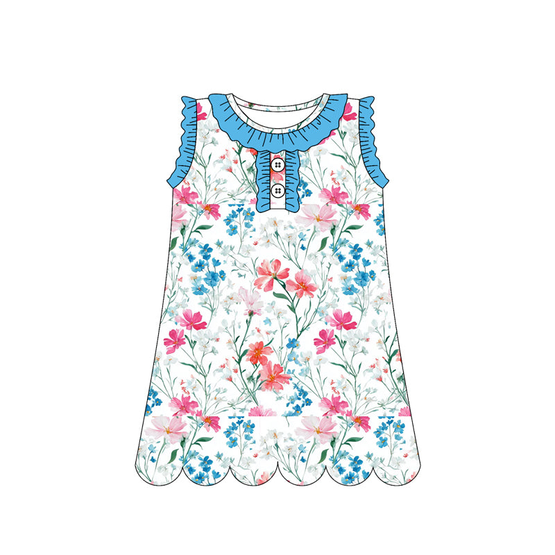 MOQ 30 PCS Preorder GSD3919 Flower Leaf Wave Ruffle Blue White Sleeveless Dresses for Girls 202603