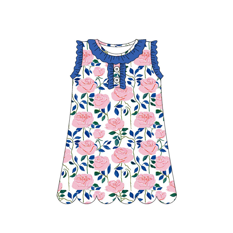 MOQ 30 PCS Preorder GSD3920 Pink Flower Leaf Wave Ruffle Blue White Sleeveless Dresses for Girls 202603