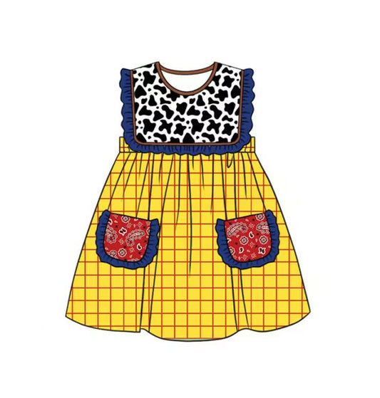 MOQ 5 PCS Preorder GSD3922 Cartoon Character Cow Print Blue Ruffle Pocket Yellow Plaid Sleeveless Dresses for Girls 202603