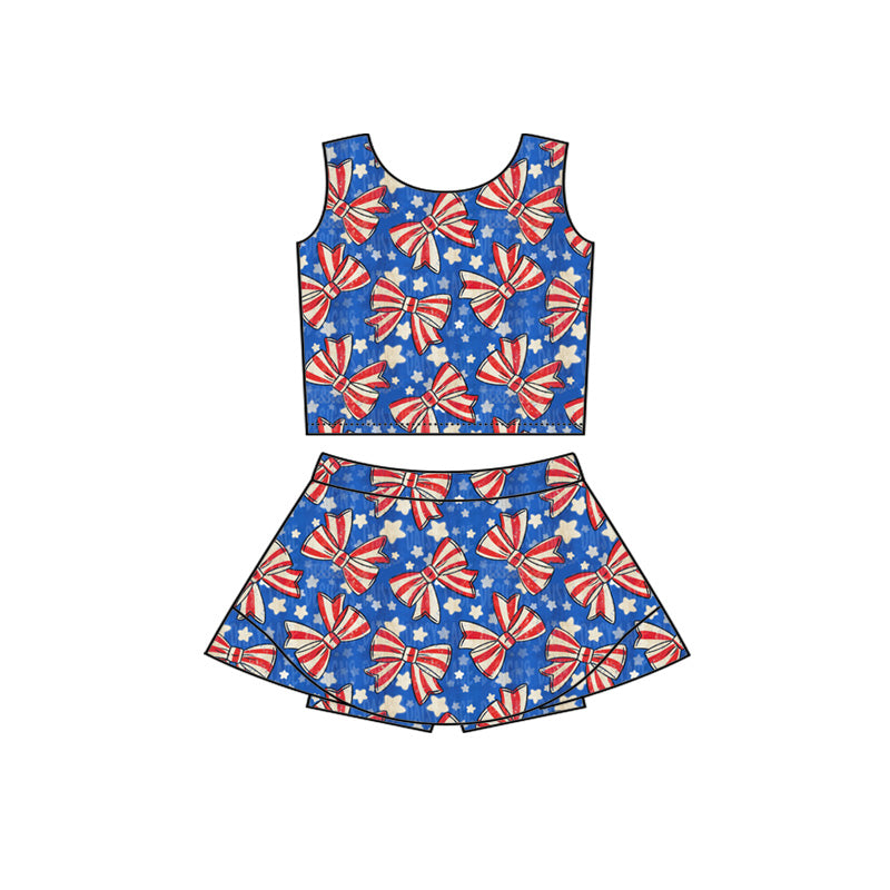 MOQ 5 preorder GSD3924 4th of July Bow Star Blue Sleeveless Top with Skirts for Girls Yoga Sets 202603
