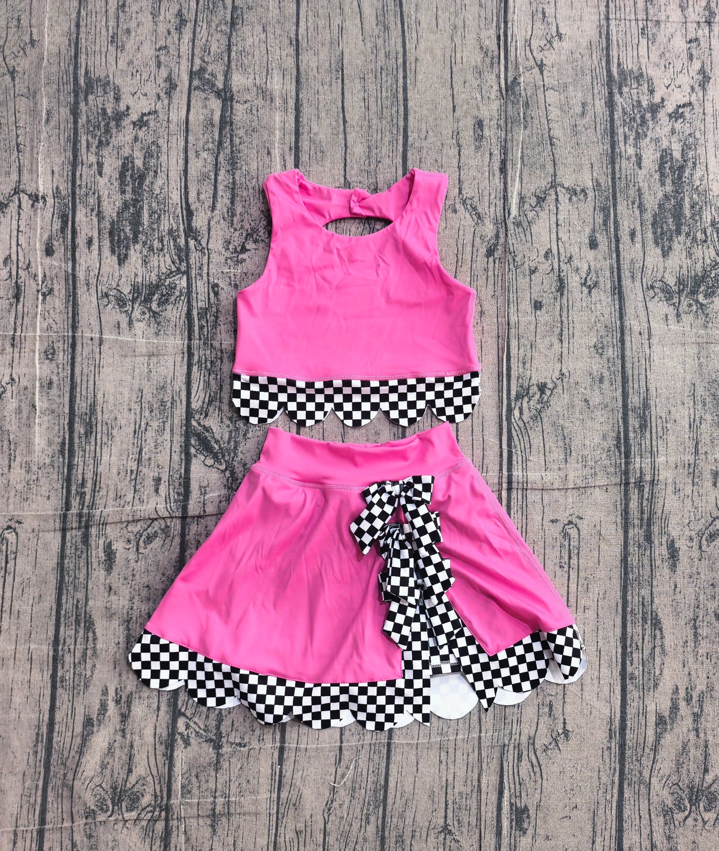 NO MOQ preorder GSD3926 Black Plaid Bows Wave Ruffle Rose Red Sleeveless Top with Skirts for Girls Yoga Sets 202604