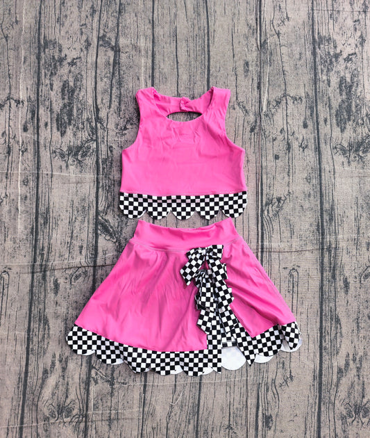 NO MOQ preorder GSD3926 Black Plaid Bows Wave Ruffle Rose Red Sleeveless Top with Skirts for Girls Yoga Sets 202604
