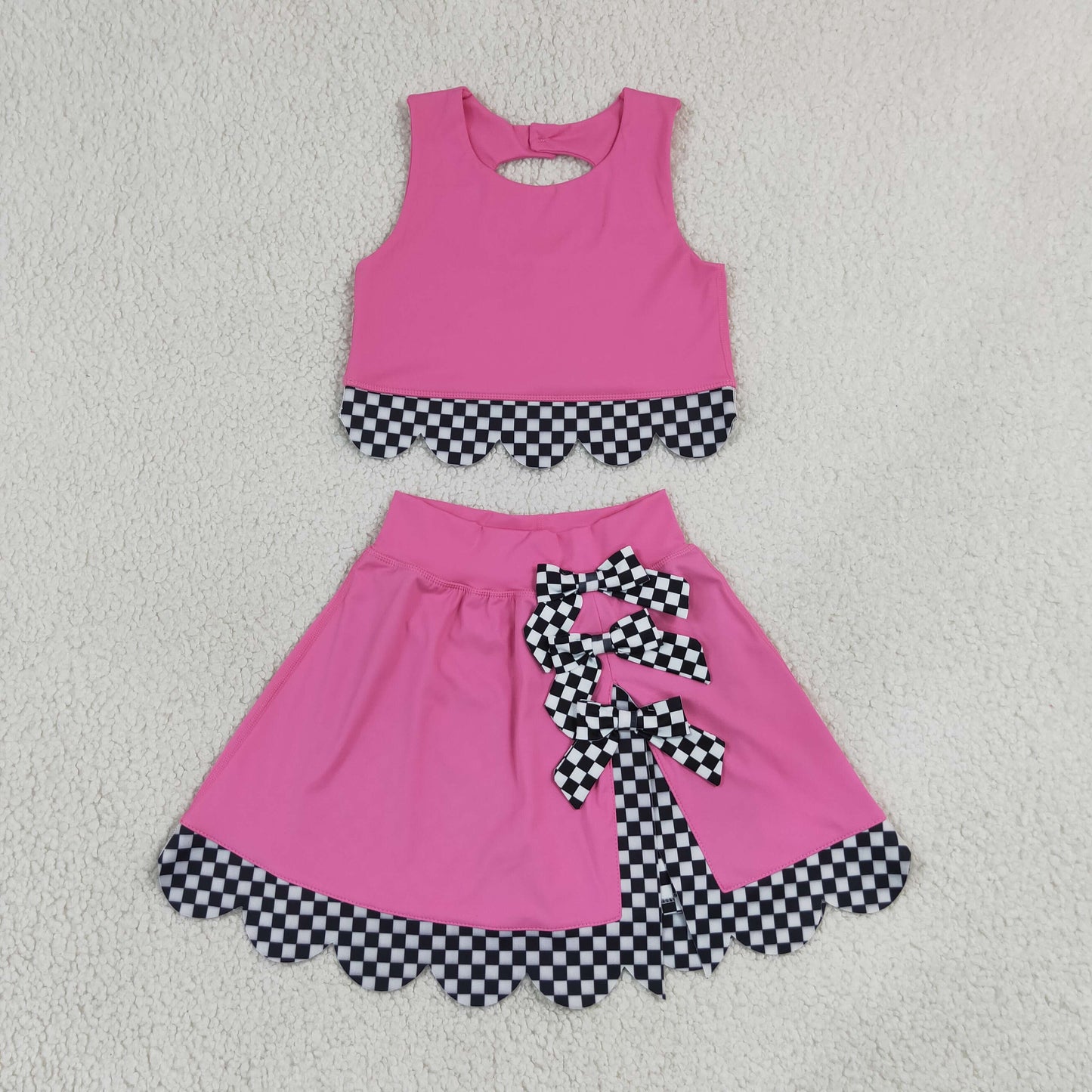 GSD3926 Black Plaid Bows Wave Ruffle Rose Red Sleeveless Top with Skirts for Girls Yoga Sets 202607 RTS