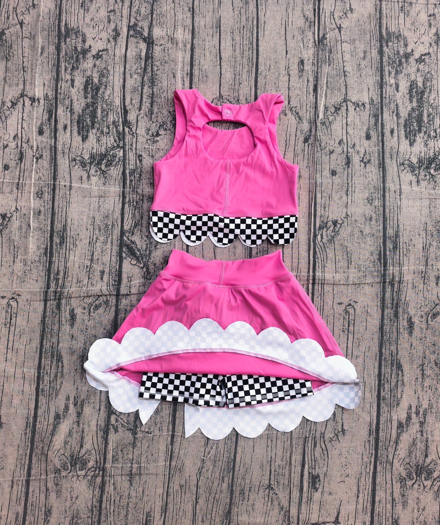 NO MOQ preorder GSD3926 Black Plaid Bows Wave Ruffle Rose Red Sleeveless Top with Skirts for Girls Yoga Sets 202604