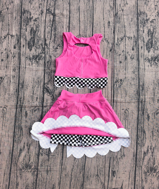 NO MOQ preorder GSD3926 Black Plaid Bows Wave Ruffle Rose Red Sleeveless Top with Skirts for Girls Yoga Sets 202604