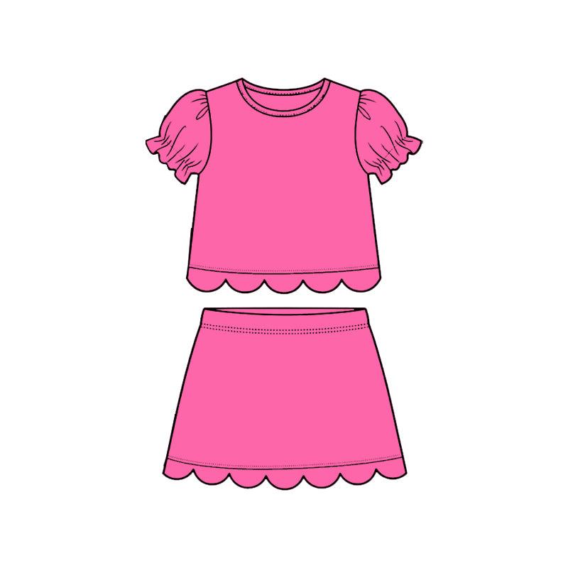 MOQ 30 PCS Preorder GSD3930 Solid Rose Red Wave Ruffle Short Sleeve with Skirts for Girls Sets 202603