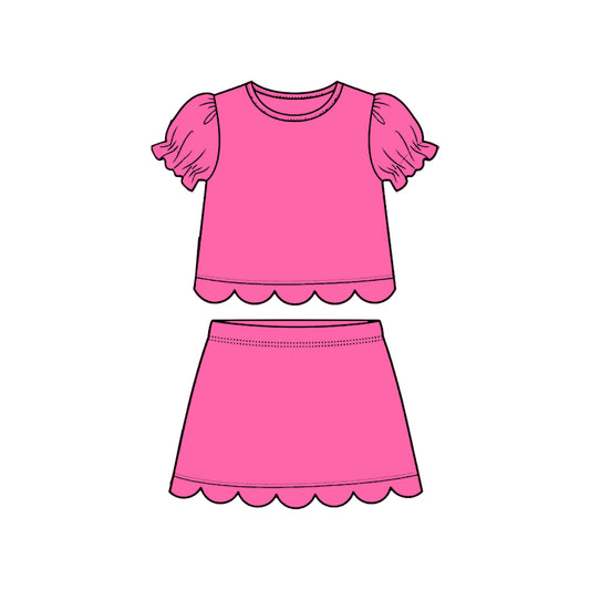 MOQ 30 PCS Preorder GSD3930 Solid Rose Red Wave Ruffle Short Sleeve with Skirts for Girls Sets 202603