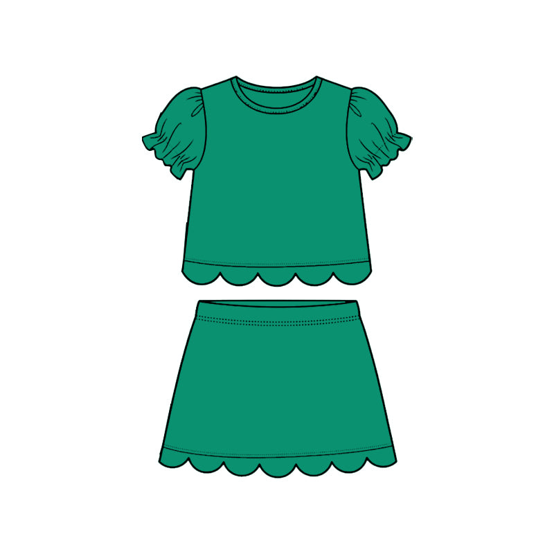 MOQ 30 PCS Preorder GSD3931 Solid Green Wave Ruffle Short Sleeve with Skirts for Girls Sets 202603