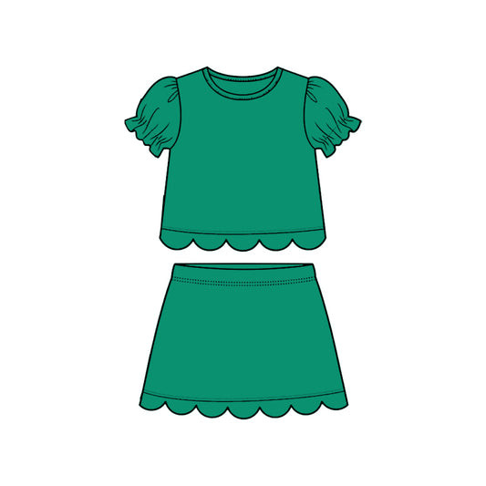 MOQ 30 PCS Preorder GSD3931 Solid Green Wave Ruffle Short Sleeve with Skirts for Girls Sets 202603