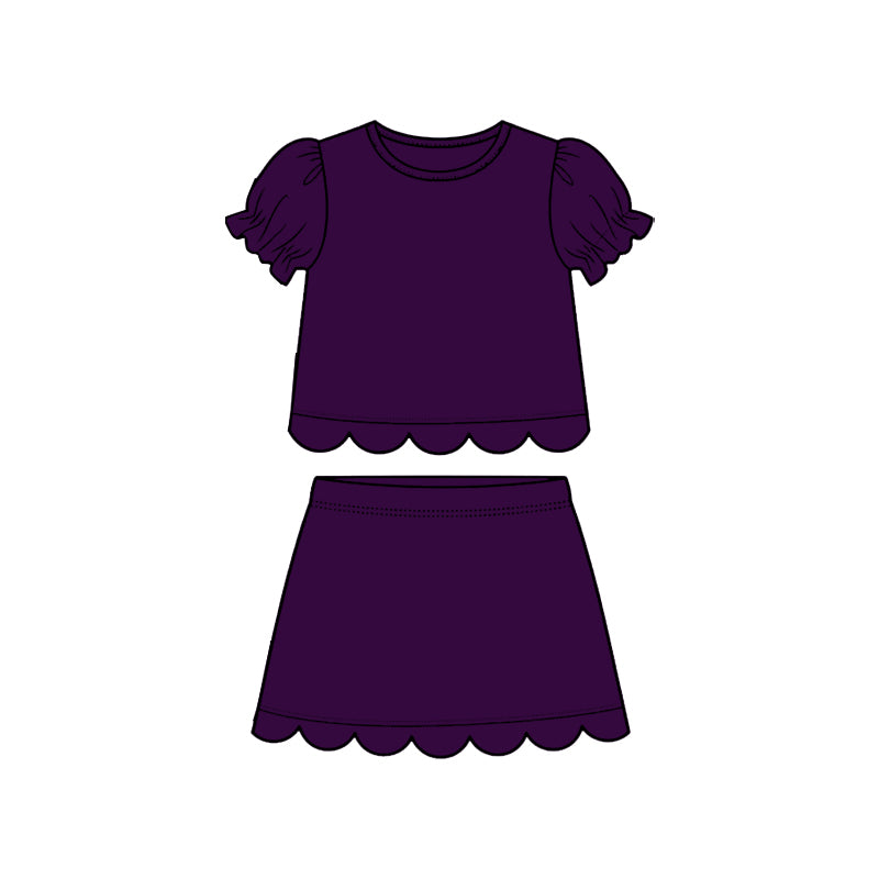 MOQ 30 PCS Preorder GSD3932 Solid Dark Purple Wave Ruffle Short Sleeve with Skirts for Girls Sets 202603