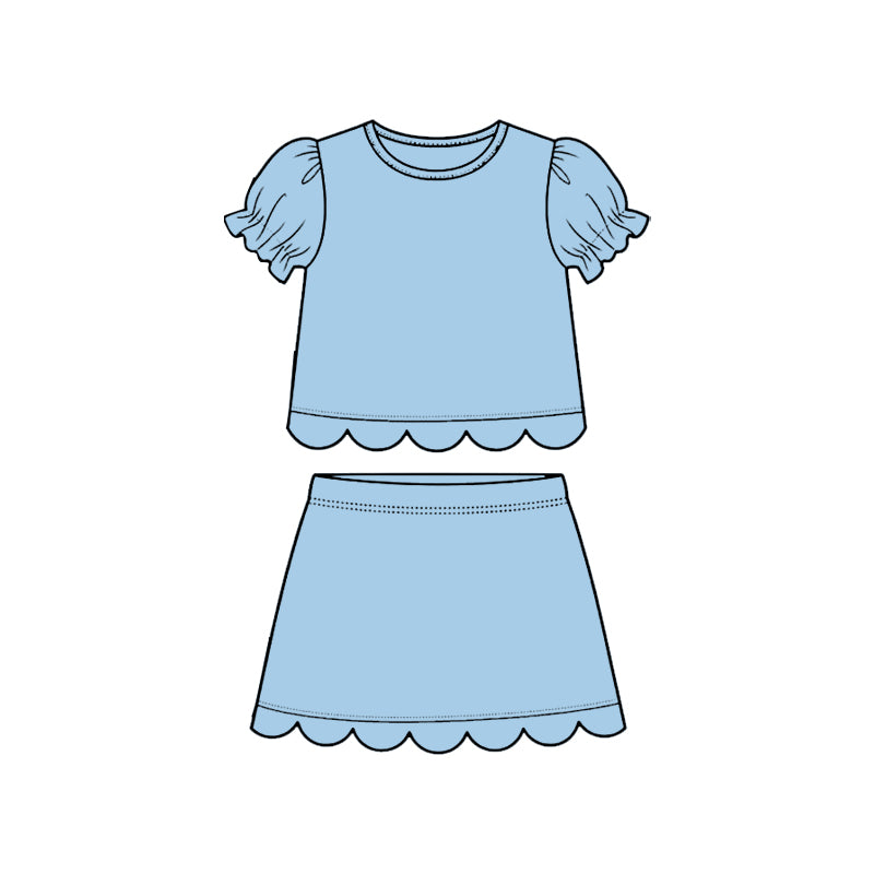 MOQ 30 PCS Preorder GSD3933 Solid Sky Blue Wave Ruffle Short Sleeve with Skirts for Girls Sets 202603