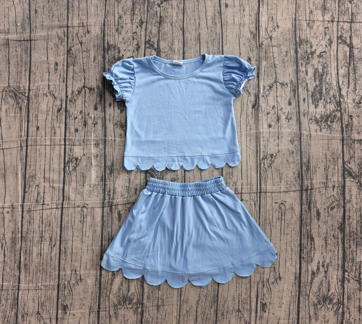 NO MOQ Preorder GSD3933 Solid Sky Blue Wave Ruffle Short Sleeve with Skirts for Girls Sets 202606