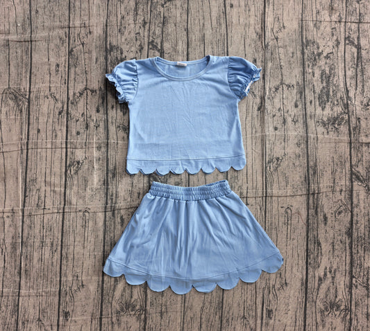 NO MOQ Preorder GSD3933 Solid Sky Blue Wave Ruffle Short Sleeve with Skirts for Girls Sets 202606