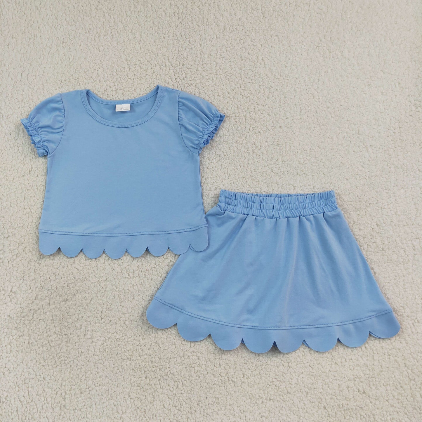 GSD3933 Solid Sky Blue Wave Ruffle Short Sleeve with Skirts for Girls Sets 202607 RTS
