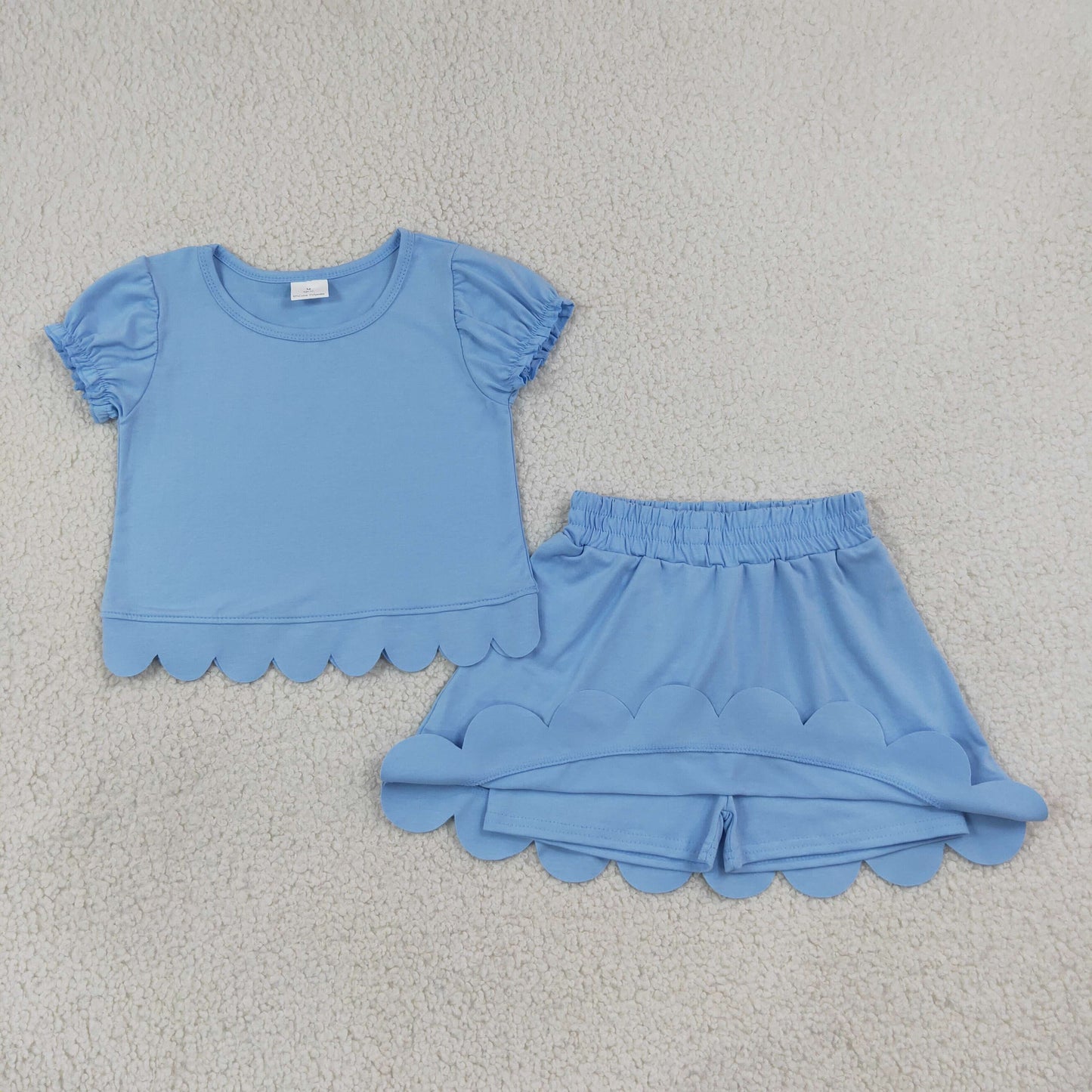 GSD3933 Solid Sky Blue Wave Ruffle Short Sleeve with Skirts for Girls Sets 202607 RTS