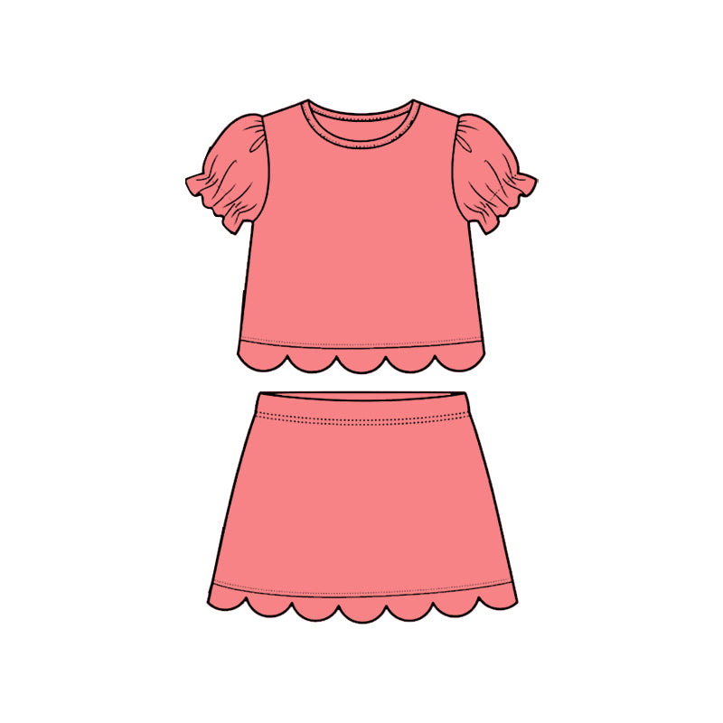 MOQ 30 PCS Preorder GSD3935 Solid Coral Red Wave Ruffle Short Sleeve with Skirts for Girls Sets 202603