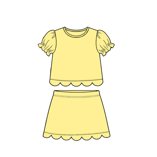 MOQ 30 PCS Preorder GSD3936 Solid Yellow Wave Ruffle Short Sleeve with Skirts for Girls Sets 202603