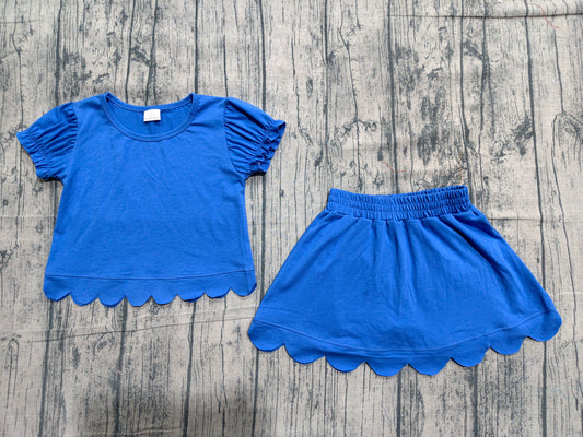 NO MOQ Preorder GSD3937 Solid Blue Wave Ruffle Short Sleeve with Skirts for Girls Sets 202604