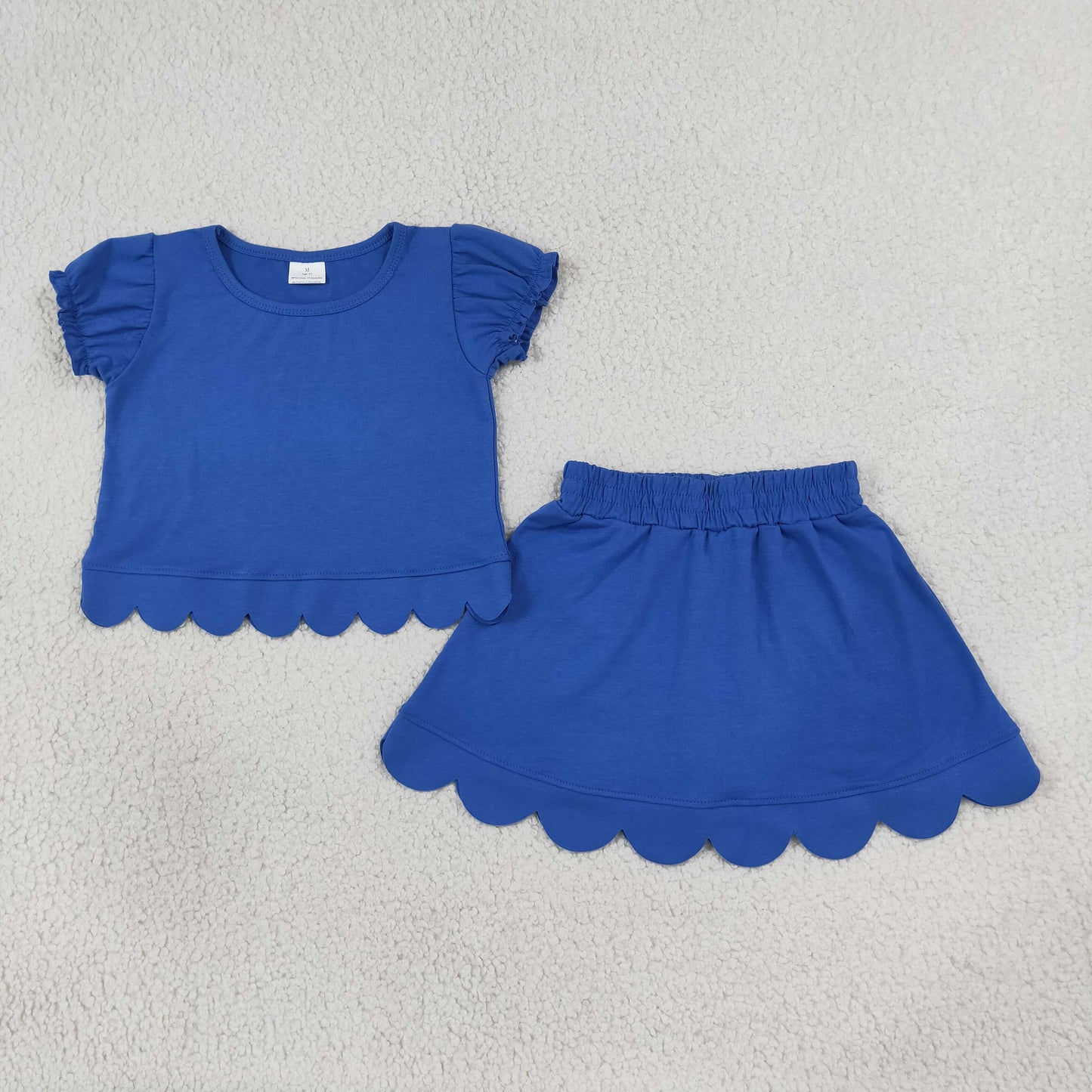 GSD3937 Solid Blue Wave Ruffle Short Sleeve with Skirts for Girls Sets 202607 RTS